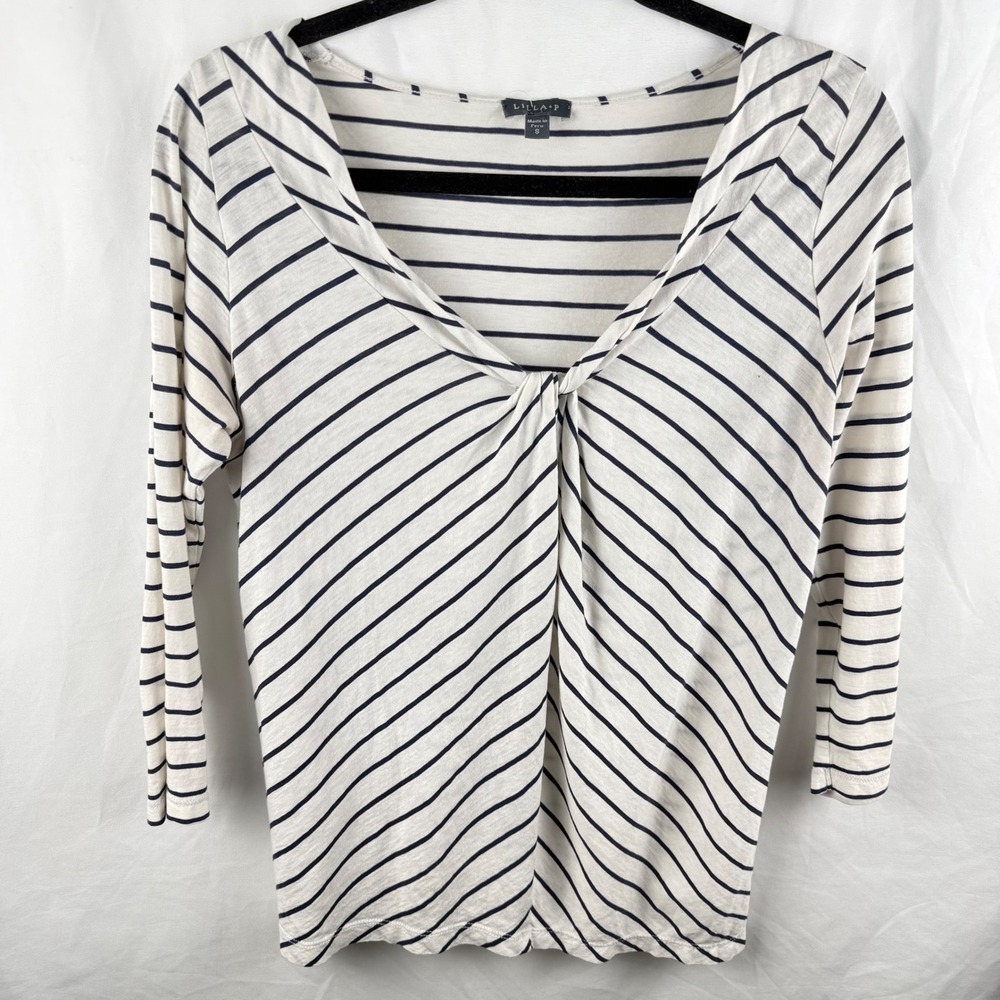 Lilla P Pima Cotton‎ Striped Blouse 3/4 Sleeves Small Basic Coastal Lightweight